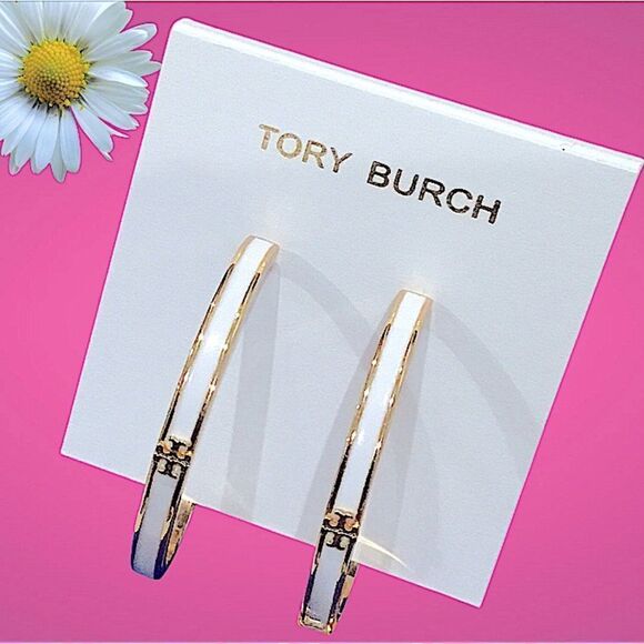 TORY BURCH 18 K GOLD AND WHITE ENAMEL HOOP EARRINGS - Picture 2 of 3
